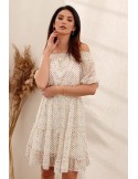 Dress with a Spanish neckline with colorful dots, cream PR5037 - Online store - Boutique